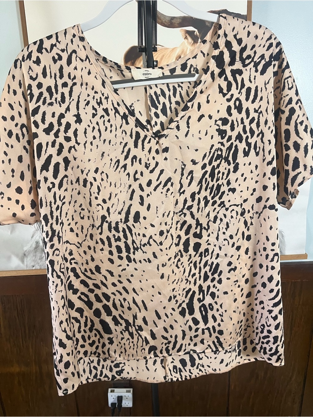 entro Beige and Black Leopard Print V-Neck Blouse